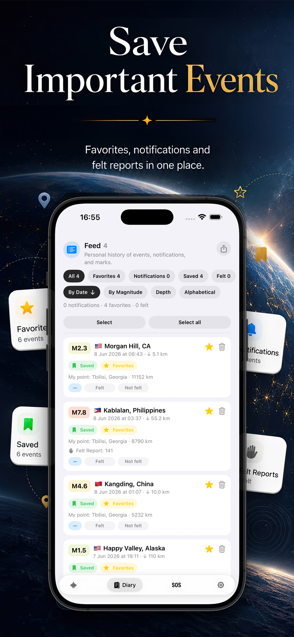 Earthquake HQ saved events, notifications, and felt reports